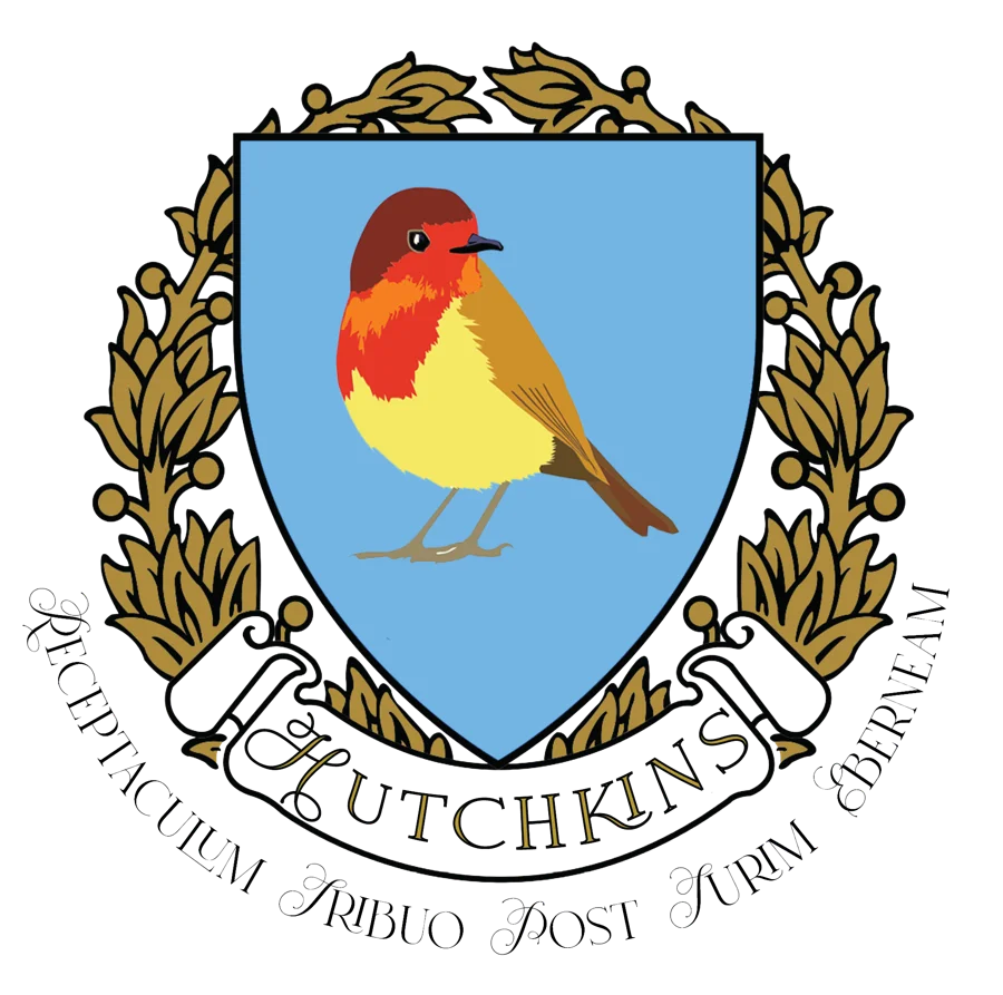 The Hutchkins crest: a robin on a blue shield, wreathed in gold laurel.