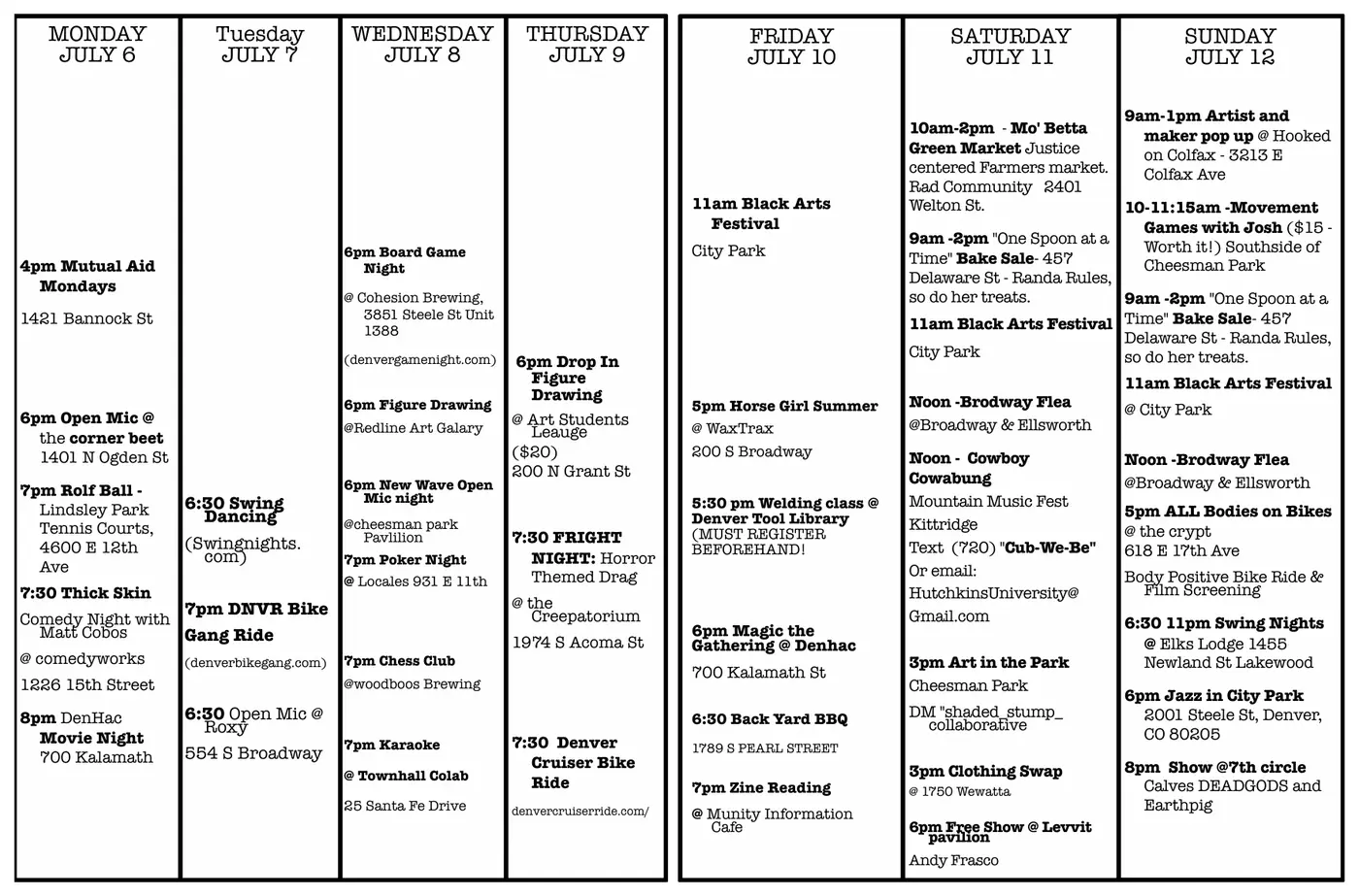 A full week laid out day by day, each event with times and addresses.